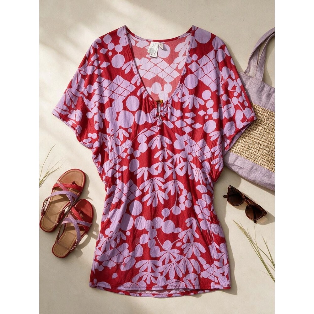 Trina Turk Red Lavender Floral Ring V-Neck Swim Cover Up Tunic Kaftan Small S